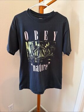 Obey Black Tee with Pink Logo and Yellow Nature Graphic Panel